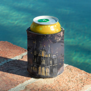 Enfriador De Latas Casa embrujada   Árbol y murciélagos de luna llena