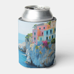 Enfriador De Latas Casas coloridas sobre un acantilado cerca del mar