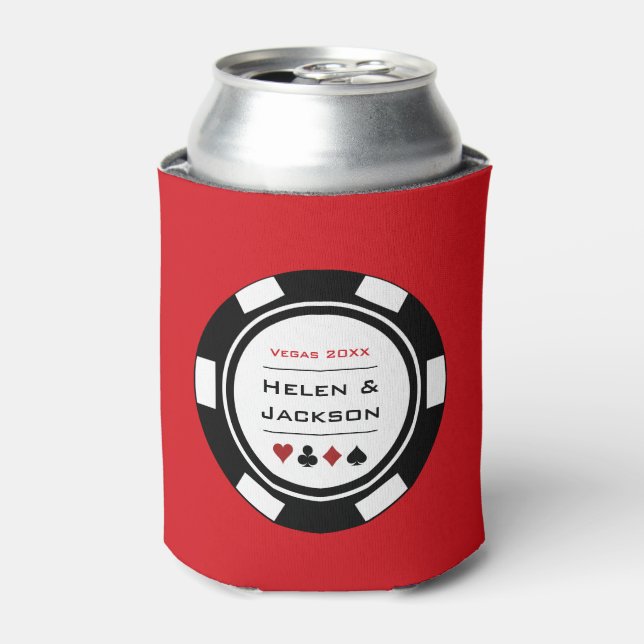 Enfriador De Latas Casino Chip Black White Red Vegas Boda (Lata Anverso)