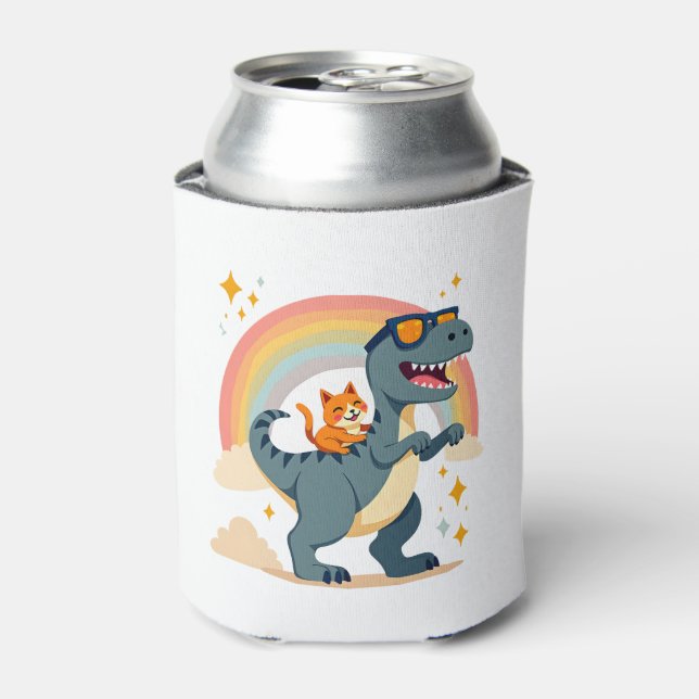 Enfriador De Latas Cat Riding Dinosaur T-Rex Kitten Rainbow Dino Funn (Lata Anverso)