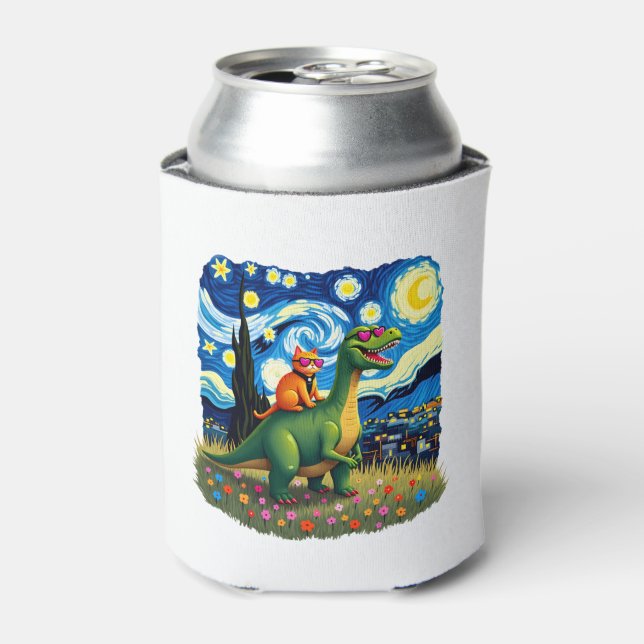 Enfriador De Latas Cat Riding Dinosaur T-Rex Starry Night Cat Lover ( (Lata Anverso)