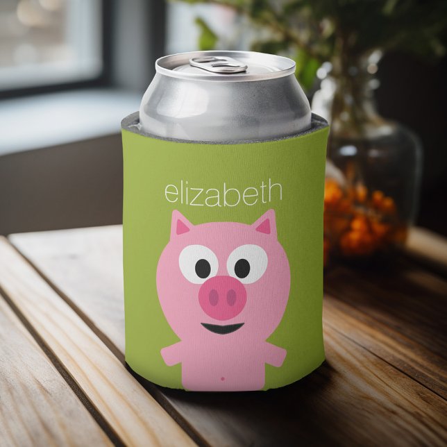 Enfriador De Latas Cerdo Personalizado de granja - verde rosa y lima (Celebrate with a personalized can cooler - add your name or monogram. Great party favor or gift)
