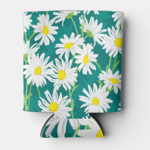 Enfriador De Latas Chamomile Turquoise: Ilustracion floral sin foco.