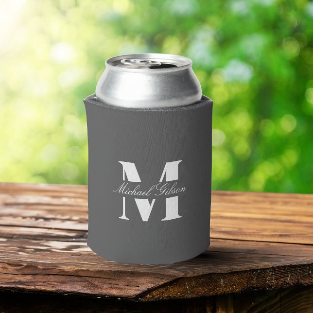 Enfriador De Latas Charcoal Gray | Custom Monogram Wedding Groomsmen  (Elegant Charcoal Gray Personalized Groomsmen Can Cooler)