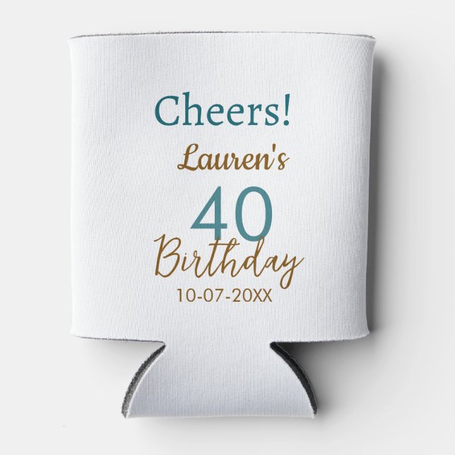 Enfriador De Latas Cheers 40th birthday name date brown turquoise sim (Anverso)
