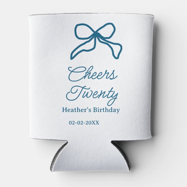 Enfriador De Latas Cheers twenty blue birthday bow name date boho ret (Anverso)