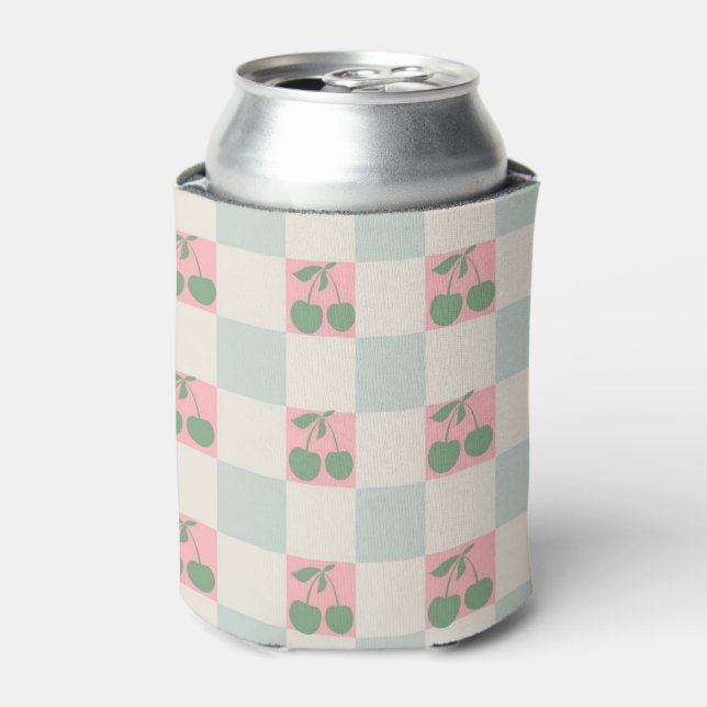 Enfriador De Latas Cheques retro de frutas de cerezo verde rosa (Lata Anverso)