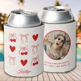 Enfriador De Latas Cherry Bachelorette Coquette Bow Hearts Refrigerad