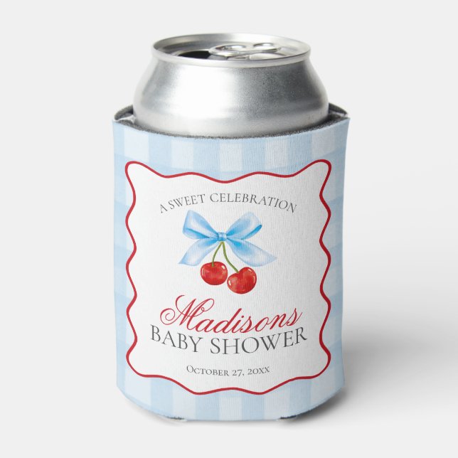 Enfriador De Latas Cherry Sweet Blue Coquette Bow Baby Shower Favor (Lata Anverso)
