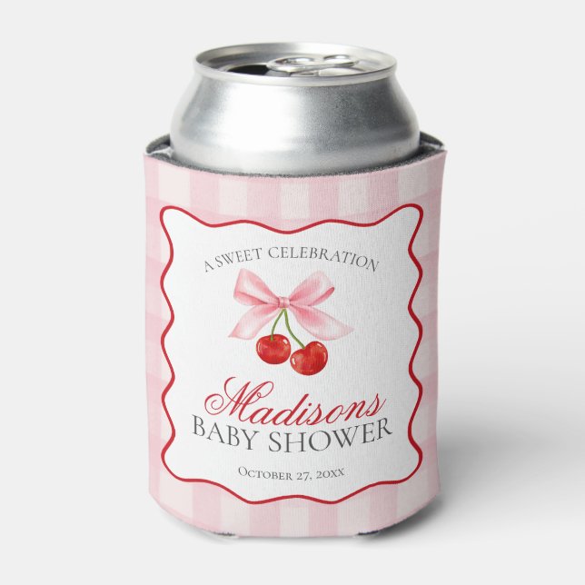 Enfriador De Latas Cherry Sweet Pink Coquette Bow Baby Shower Favor (Lata Anverso)