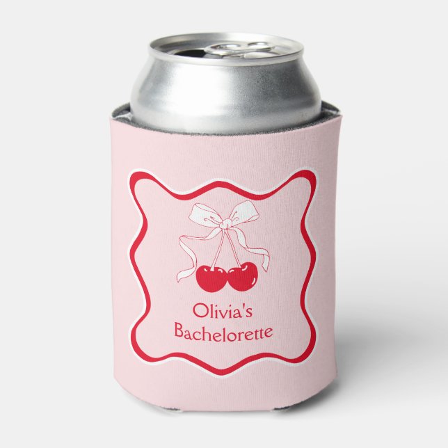 Enfriador De Latas Cherry Wavy Red Pink Bow En TopBachelorette Fiesta (Lata Anverso)