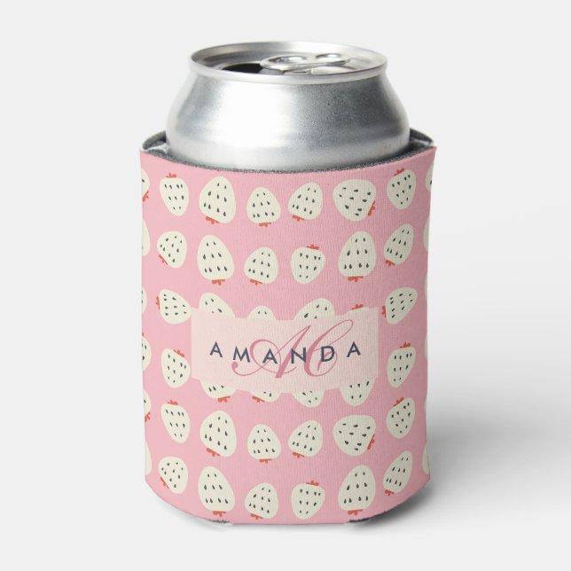 Enfriador De Latas Chic Girly Strawberry Pattern Monograma Regalos (Lata Anverso)