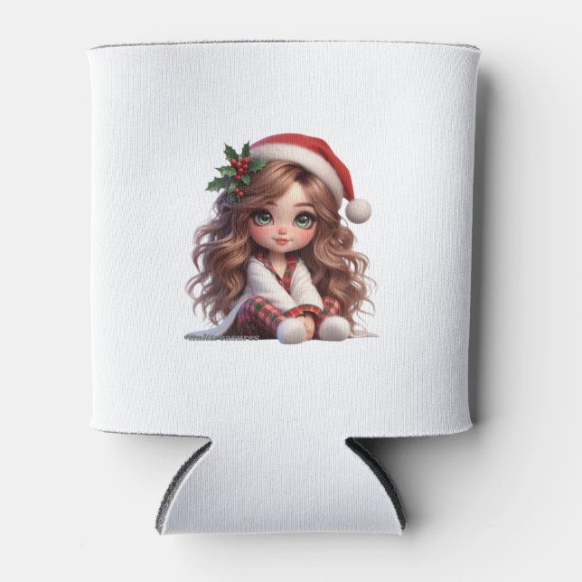 Enfriador De Latas Chica de Navidades con arte de Santa Hat (Anverso)