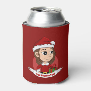 Enfriador De Latas chica navidad con pelo ondulado marrón