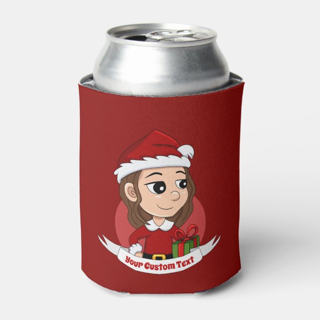 Enfriador De Latas chica navidad con pelo ondulado marrón (Lata Anverso)