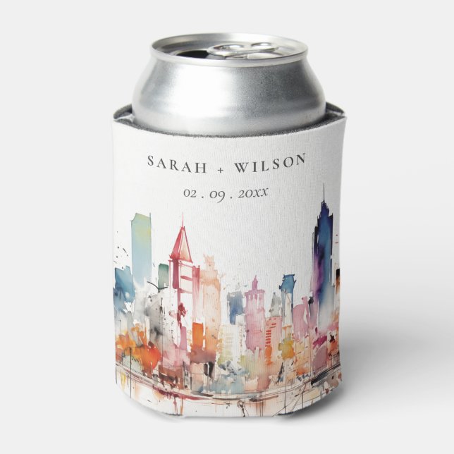 Enfriador De Latas Chicago Illinois Watercolor Landscape Wedding (Lata Anverso)
