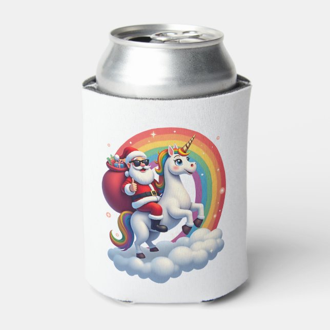 Enfriador De Latas Chicas de navidad de Santa Riding, unicornio (Lata Anverso)