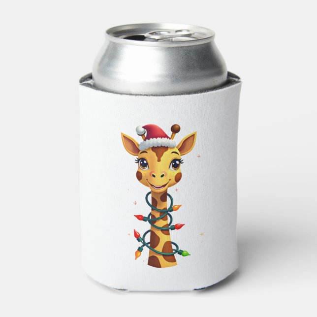 Enfriador De Latas Christmas Giraffe Santa Hat Lights Giraffe Men Wom (Lata Anverso)