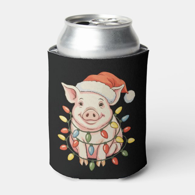 Enfriador De Latas Christmas Pig Xmas Lights Santa Hay Holiday Season (Lata Anverso)