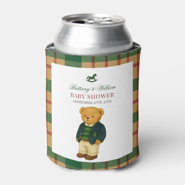 Enfriador De Latas Christmas Plaid Preppy Bear Baby Shower  (Lata Anverso)