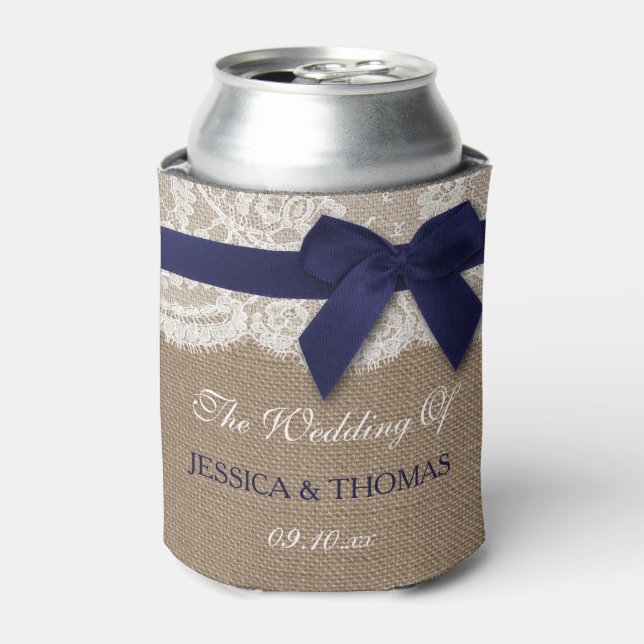 Enfriador De Latas Cinta Naval En Boda Burlap & Lace (Lata Anverso)