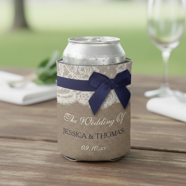 Enfriador De Latas Cinta Naval En Boda Burlap & Lace (Subido por el creador)