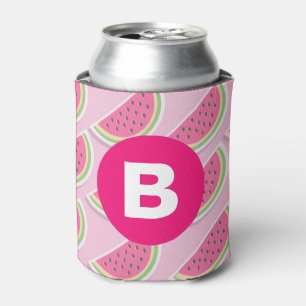 Enfriador De Latas Círculo de monograma con patrón de sandía rosa