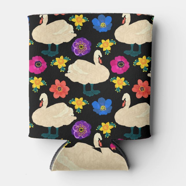 Enfriador De Latas Cisnes, flores, fondo negro dibujado a mano. (Anverso)