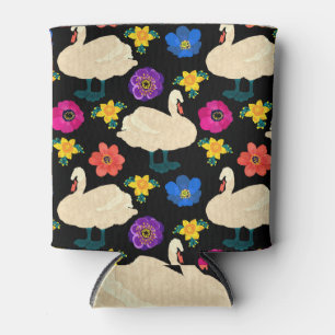 Enfriador De Latas Cisnes, flores, fondo negro dibujado a mano.