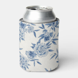 Enfriador De Latas Clásico Toile Floral Azul Patrón Acuarela Blanco
