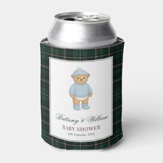 Enfriador De Latas Classic Preppy Bear Designer Plaid Baby Shower (Lata Anverso)