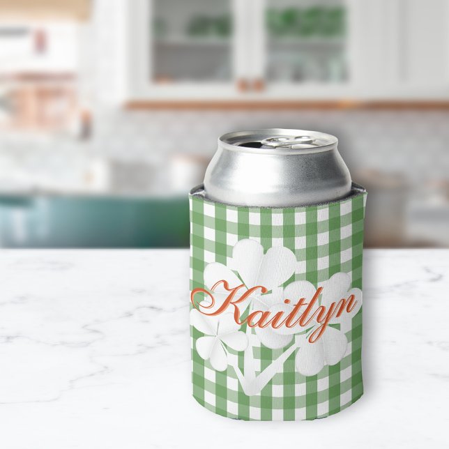 Enfriador De Latas Clovers blancos personalizados Green Gingham (Subido por el creador)