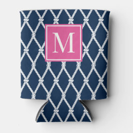 Enfriador De Latas Coastal Preppy Nautical Monogram - Navy & Hot Pink