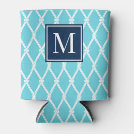 Enfriador De Latas Coastal Preppy Nautical Monogram Turquoise & Navy