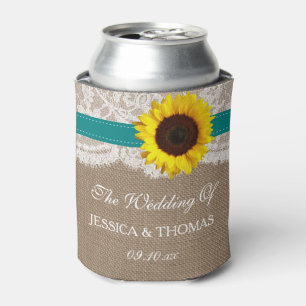 Enfriador De Latas Colección de Bodas de girasol rústico - Verde azul