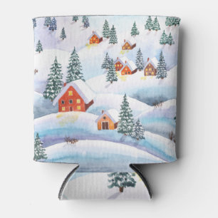 Enfriador De Latas Colinas nevadas, casas: paisaje acuático