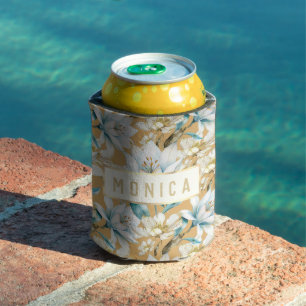 Enfriador De Latas Color de agua botánico azul lirio dorado floral