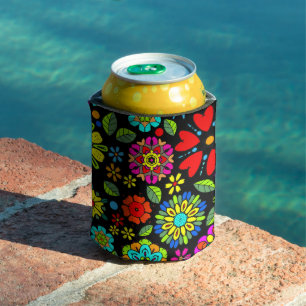 Enfriador De Latas Colores de neón sobre patrón floral retro sin fisu