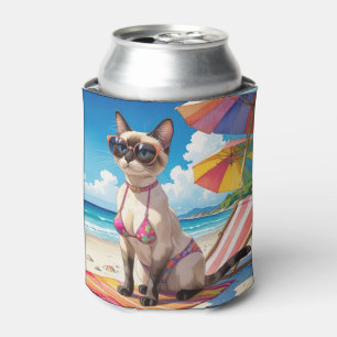 Enfriador De Latas Con tema de playa para amantes de gatos siameses