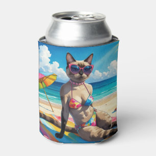 Enfriador De Latas Con tema de playa para amantes de gatos siameses