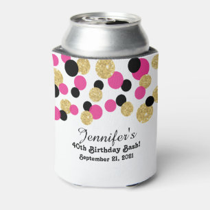 Enfriador De Latas Confetti Purpurina de rosado caliente, negro y oro