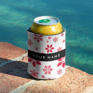 Enfriador De Latas Copos de nieve rojos, tu nombre, personaliza