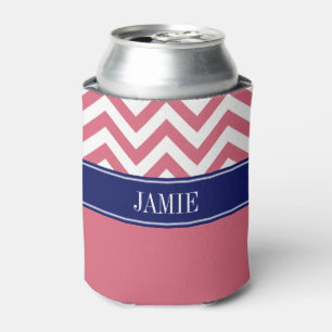 Enfriador De Latas Coral Blanco Claro Chevron Azul Marino Monograma d