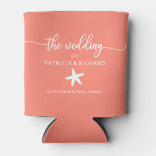 Enfriador De Latas Coral de bodas y blanco Starfish Beach Destination