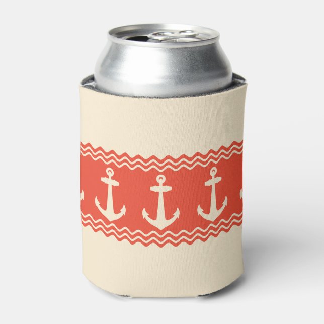 Enfriador De Latas Coral Nautical Anchor Coastal Stripes (Lata Anverso)