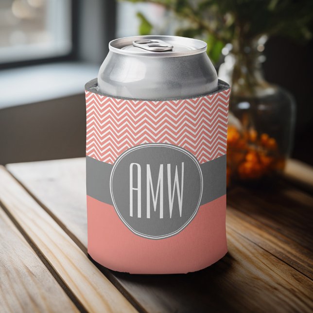 Enfriador De Latas Coral Peach Gray Chevrons Personalizado Triple Mon (Celebrate with a personalized can cooler - add your name or monogram. Great party favor or gift)