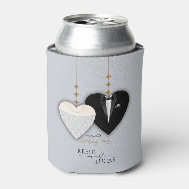 Enfriador De Latas Corazón boda de ilustracion negro blanco moderno (Lata Anverso)