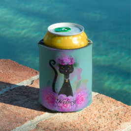 Enfriador De Latas Corona de flores de gato negro sentada en rosas ro