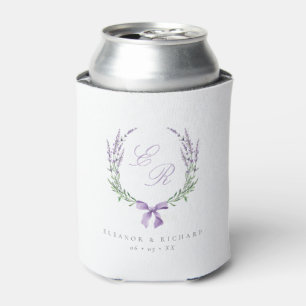 Enfriador De Latas Corona de lavanda y boda de monograma con lazo