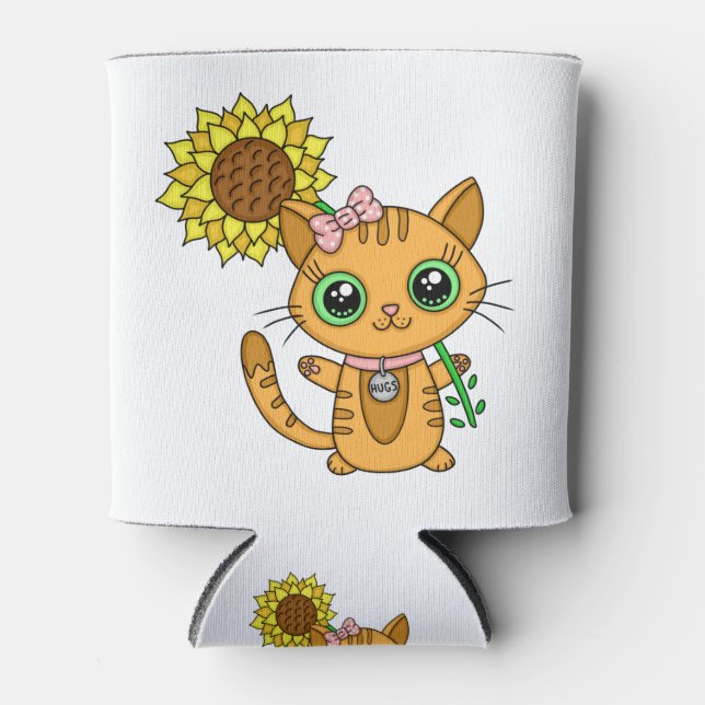 Enfriador De Latas Corte Kawaii Cat Holding Flower (Anverso)